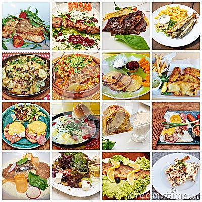 Collage of lots of popular worldwide dinner foods Stock Photo