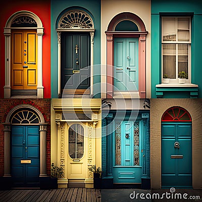 Collage made of eight different style and color retro front doors to houses. Brown, blue, yellow wooden home entrance Stock Photo