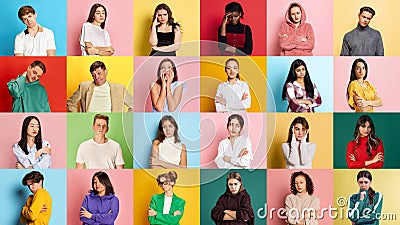 Collage made of portraits of young men and women posing with diverse sad, unpleasant emotions over multicolored Stock Photo