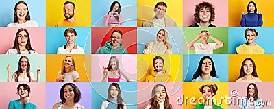 Collage made of portraits of young people, men and women smiling over multicolored background. Happiness, success Stock Photo
