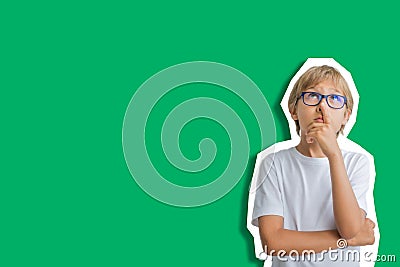 Collage in magazine style on green background. Child emotions. Boy looking up and thinking Stock Photo