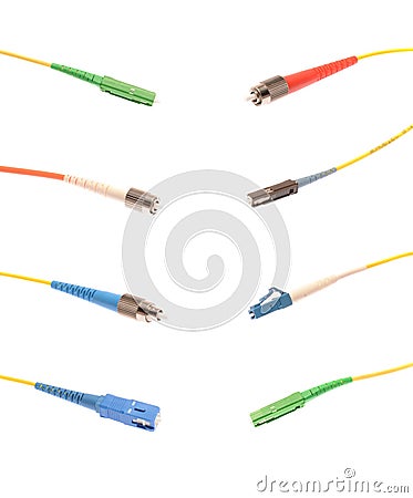 Collage with main types of optical fiber connector Stock Photo