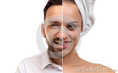 collage of male and female faces close-up with a smile, the concept of gender and gender reassignment, equality Stock Photo