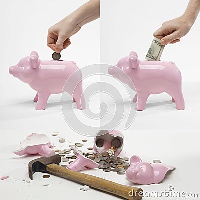 Collage of man saving money into piggybank for retirement Stock Photo