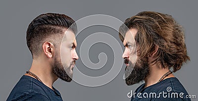 Collage man before and after visiting barbershop, different haircut, mustache, beard. Male beauty, comparison. Shaving Stock Photo