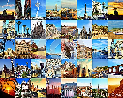 Barcelona landmarks city postcard collage Editorial Stock Photo