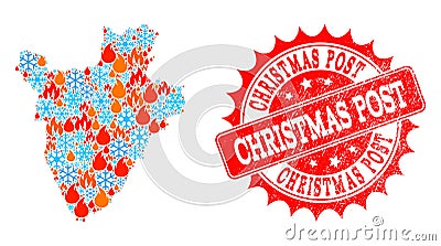 Collage Map of Burundi of Flame and Snowflakes and Christmas Post Textured Seal Vector Illustration