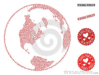 Love Collage Map of Global World and Grunge Stamps for Valentines Vector Illustration