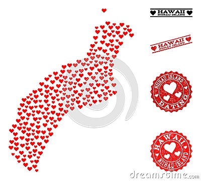 Lovely Collage Map of Niihau Island and Grunge Stamps for Valentines Vector Illustration