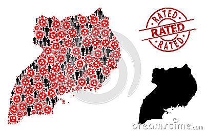 Distress Rated Watermark and Humans with Viral Mosaic Map of Uganda Vector Illustration