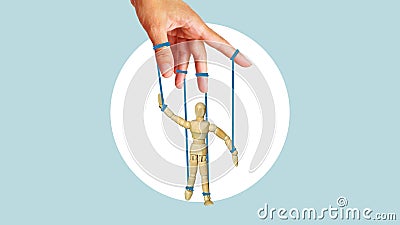 Collage with the marionette tied with drawn threads that pull by hand. Work pressure, influence and manipulation Stock Photo