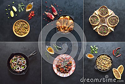 Collage with meat dishes of the world cuisine. Stock Photo