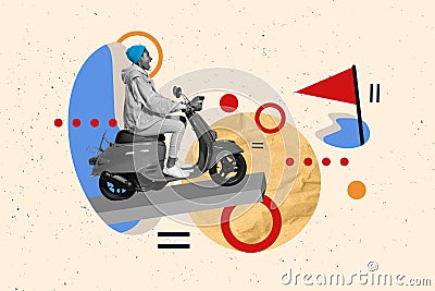 Collage metaphor image of black white gamma person drive scooter destination flag isolated on painted background Stock Photo