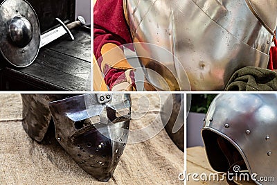 Collage military ammunition and weapons, iron helmet and cuirass, sword with shield Stock Photo