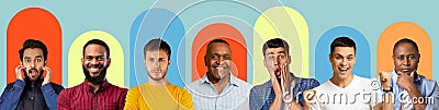 Collage of millennial and senior multicultural people on colorful backgrounds express different emotions Stock Photo