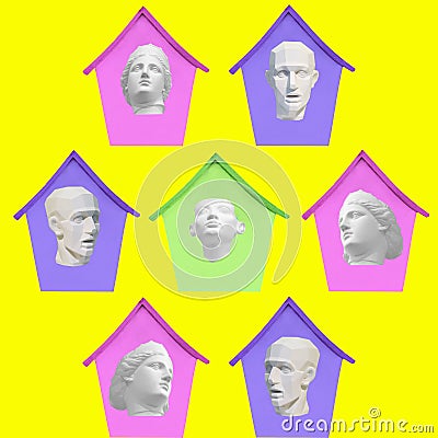 Collage of modern art. The plaster heads of the sculptures are in the houses on a yellow background. Concept social distance, Editorial Stock Photo