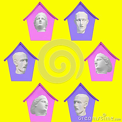 Collage of modern art. The plaster heads of the sculptures are in the houses on a yellow background. Concept social distance, Editorial Stock Photo