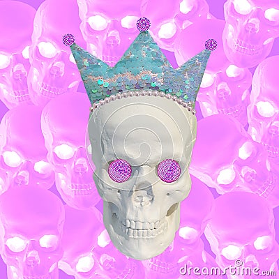 Collage of modern art. Sculpture of a skull with a crown on the background of a large number of skulls. Corona virus concept. Stock Photo