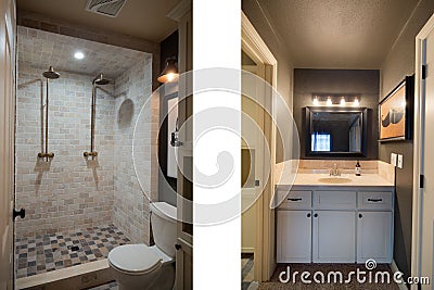 Collage of a modern bathroom with a toilet,shower and mosaic floor combined with a bathroom sink Editorial Stock Photo