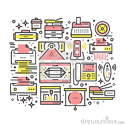 Collage of modern office electronics and devices Vector Illustration