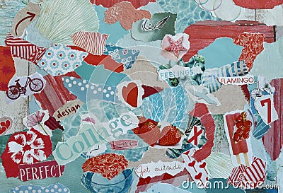 Collage mood board with blue, red, pink colors with hearts, fruits, flowers and prints Stock Photo