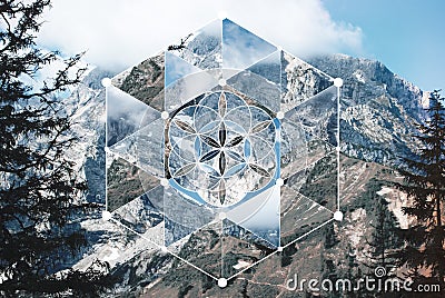 Collage with the mountain landscape and the sacred geometry symbol Stock Photo