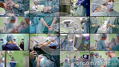 Collage multi-shot of the operating room in a hospital, close-up shooting of surgeons and nurses, they have medical Stock Photo