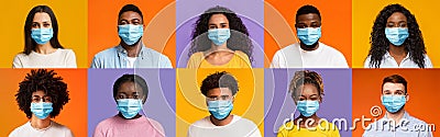 Collage of multiethnic people in face masks over colorful backgrounds Stock Photo