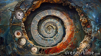 A collage of multiple clocks set to different times and arranged in a spiral pattern emphasizing the concept of time Stock Photo