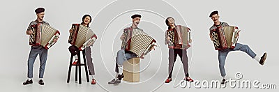 Collage with man and woman, musicians wearing old-fashioned clothes holding musical instrument, harmony and playing with Stock Photo