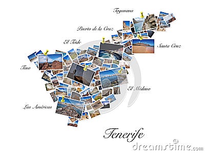 A collage of my best travel photos of Tenerife, forming the shape of Tenerife island. Stock Photo