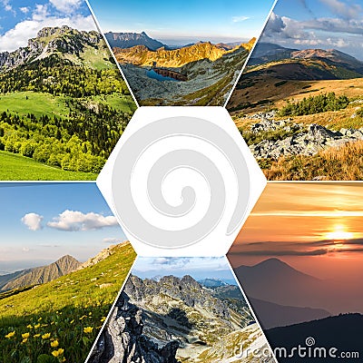 Collage of nature photos on theme of MOUNTAINS Stock Photo