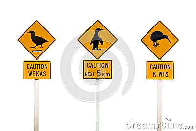 Collage of New Zealand penguin, weka and kiwis road sign Stock Photo