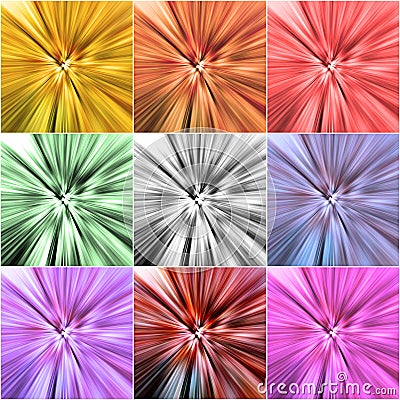 Collage of nine colorful backgrounds with radial blur Stock Photo