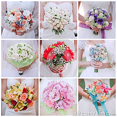Collage of nine photos of wedding bouquet Stock Photo