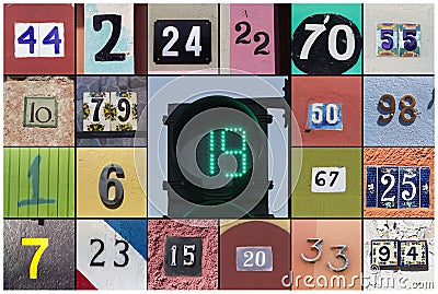 Collage of numbers of houses with semaphore in te center Stock Photo