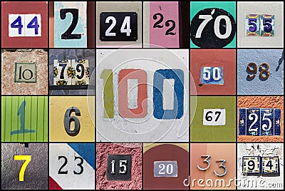 Collage of numbers with number one hundred in the center Stock Photo
