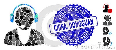 Collage Operator Icon with Textured China, Dongguan Seal Vector Illustration