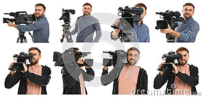 Collage of operator with professional video camera on background. Banner design Stock Photo