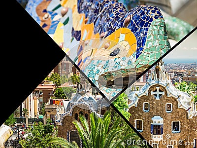 Collage of Park Guell in Barcelona, Spain. Editorial Stock Photo