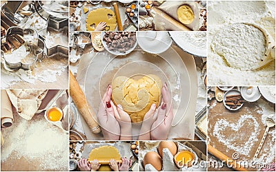 Collage Pastry, cakes, cook their own hands. Stock Photo