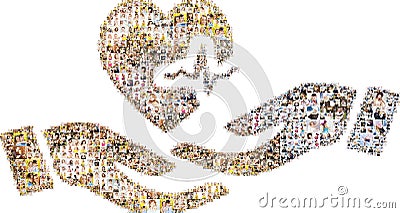 Collage of peope in shape of open hands and heart Stock Photo