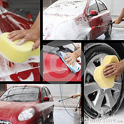 Collage of people cleaning automobiles at car wash Stock Photo