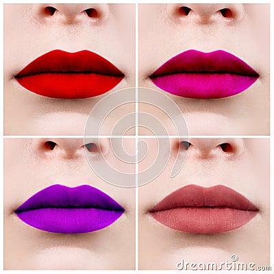 Collage of perfect female lips with colorful lipstick. Stock Photo