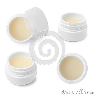 Collage with petroleum jelly in jars on white background, top and side views. Cosmetic petrolatum Stock Photo