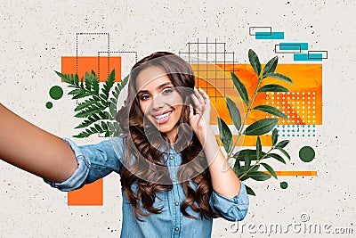 Collage photo artwork of cheerful cute lovely girl recording video taking selfie isolated on creative drawing background Stock Photo