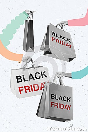 Collage photo banner of hands holding bags from shopping black friday slogan cheap electronic best deal isolated on Stock Photo
