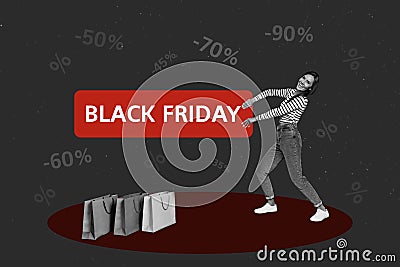 Collage photo billboard young charming advertiser girl shopping assistant drag black friday slogan supermarket isolated Stock Photo