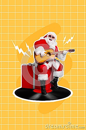 Collage photo of creative abstract grandfather wear costume santa playing guitar rock music singing sit giftbox isolated Stock Photo