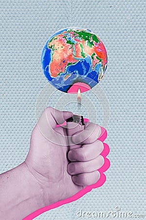 Collage photo of hand hold lighter blaming sphere planet earth killing environment flame melts oceans global warming Stock Photo